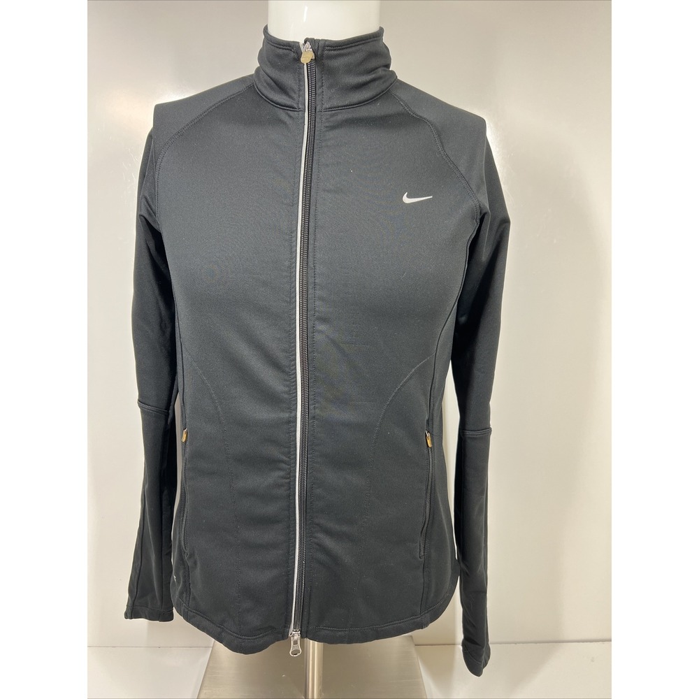 NIKE Black Dri Fit Mock Neck Full Double Zippers Long Sleeve Jacket Womens SZ M